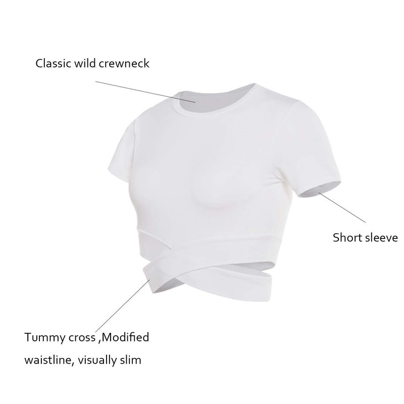 DREAM SLIM Short Sleeve Crop Tops for Women Tummy Cross Fitted Yoga Gym Tops Lightweight Workout Cropped Tank Top (White, L) - Image 5